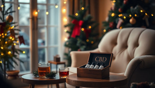 Wooden box containing CBD products, nestled on a table amongst Christmas decorations and a cozy armchair, in a warm, lit room. 