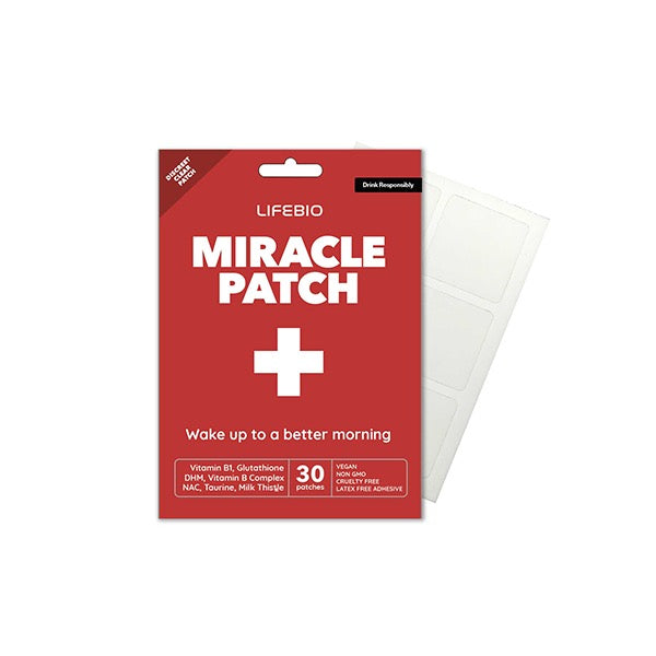 A red package labeled “LIFEBIO MIRACLE PATCH” with a white medical cross. Contains 30 vitamin-enriched patches promising “Wake up to a better morning.” A strip of white patches shown alongside.