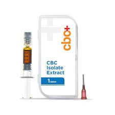 A medical syringe and needle next to a white pharmaceutical package labeled “CBC Isolate Extract” with an orange and blue logo. The syringe contains an amber-colored liquid.