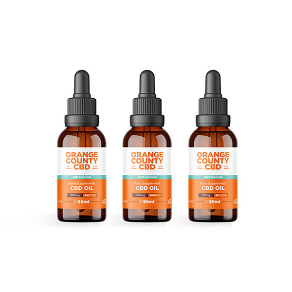 Three identical amber glass dropper bottles with black caps containing Orange County CBD Oil, each 30ml in size. The bottles feature orange and white labels with the Orange County CBD branding. The bottles are arranged in a row against a white background.