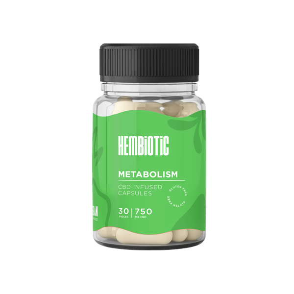 Clear bottle of Hembiotic Metabolism CBD Infused Capsules featuring a green label with product details, containing 30 capsules and 750mg CBD, designed to support metabolism and wellness.