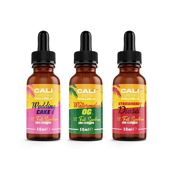 Three amber CBD tincture bottles with black droppers, featuring tropical-themed labels in pink, yellow-green, and red for Wedding Cake, Watermelon OG, and Strawberry Diesel flavors.