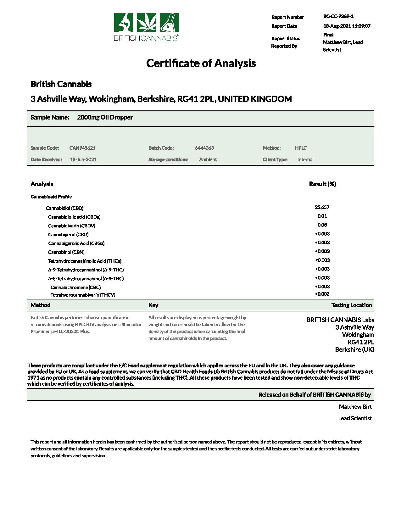 CBD by British Cannabis 2000mg CBD Cannabis Oil - 10ml - HEMPORIUM